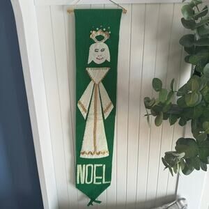 Vintage Handmade Felt Wall Hanging Christmas Angel w/ Noel Green Gold w/ Sequins